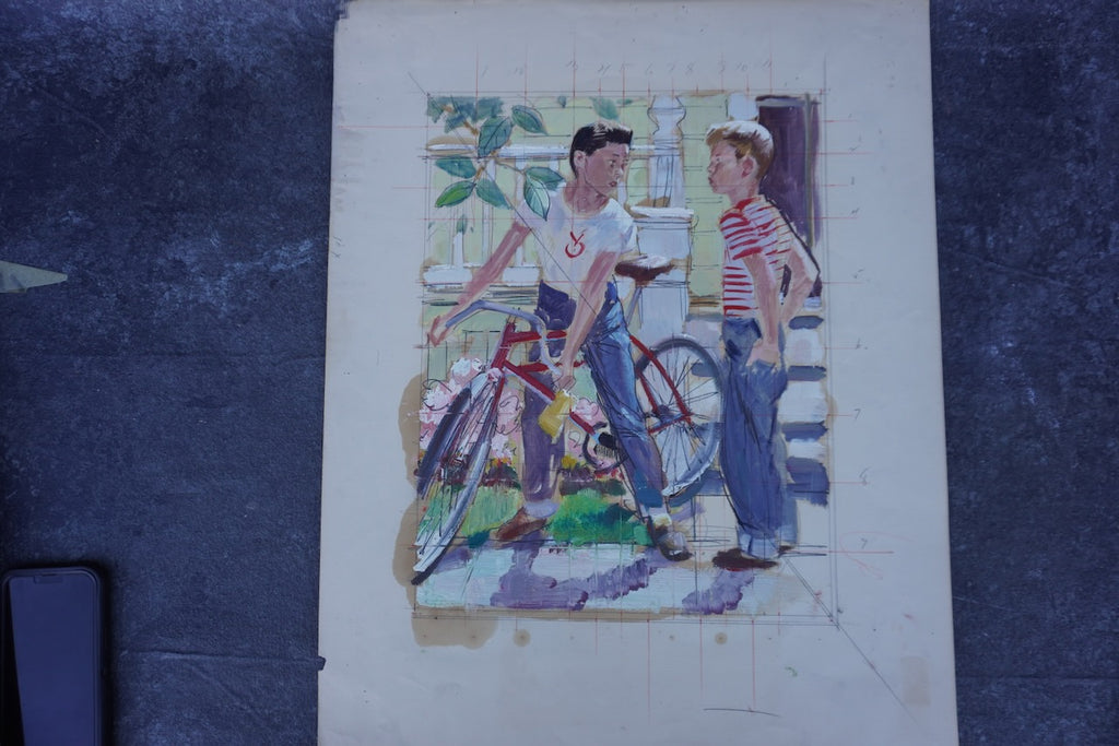 Pruett Carter (1891-1956) - Two Boys and a Bicycle - Original Magazine Illustration Art - Oil on Bristol Paper P3276