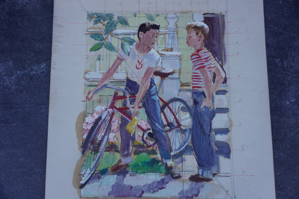 Pruett Carter (1891-1956) - Two Boys and a Bicycle - Original Magazine Illustration Art - Oil on Bristol Paper P3276