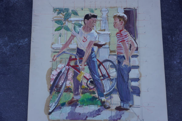 Pruett Carter (1891-1956) - Two Boys and a Bicycle - Original Magazine Illustration Art - Oil on Bristol Paper P3276
