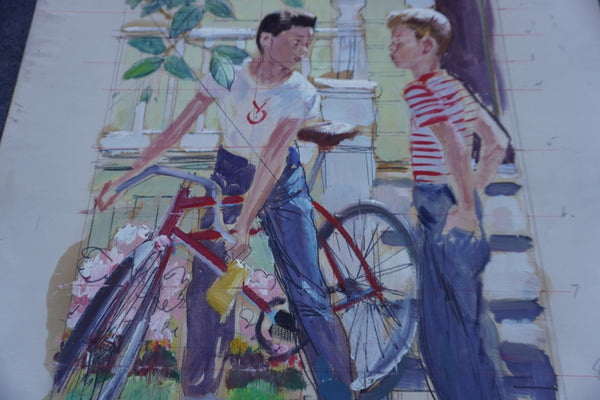 Pruett Carter (1891-1956) - Two Boys and a Bicycle - Original Magazine Illustration Art - Oil on Bristol Paper P3276