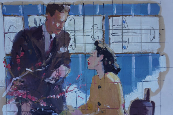 Pruett Carter (1891-1956)- Office Conversation:Man and Woman - Original Magazine Illustration Art -Oil on Bristol Paper P3277