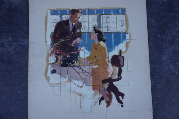 Pruett Carter (1891-1956)- Office Conversation:Man and Woman - Original Magazine Illustration Art -Oil on Bristol Paper P3277