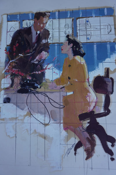 Pruett Carter (1891-1956)- Office Conversation:Man and Woman - Original Magazine Illustration Art -Oil on Bristol Paper P3277