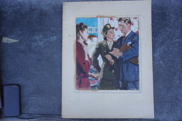 Pruett Carter (1891-1956) - A WAC and Two Civilians: Worrying News - Original Magazine Illustration Art - Oil on Bristol Paper P3278