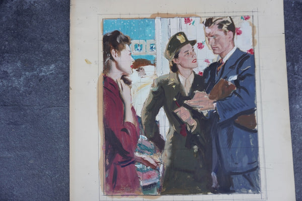 Pruett Carter (1891-1956) - A WAC and Two Civilians: Worrying News - Original Magazine Illustration Art - Oil on Bristol Paper P3278
