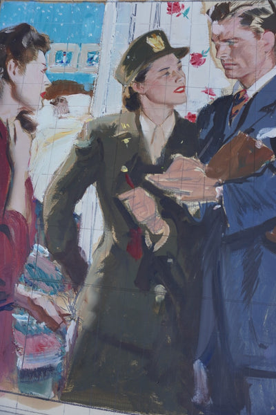 Pruett Carter (1891-1956) - A WAC and Two Civilians: Worrying News - Original Magazine Illustration Art - Oil on Bristol Paper P3278