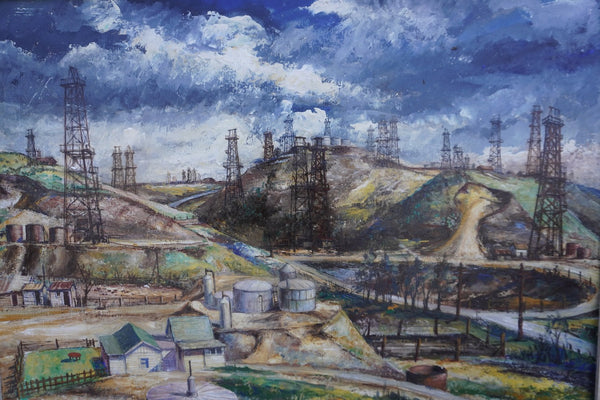 Janós Bernát (1910-1964) - Industrial California Landscape - Los Angeles Oil Wells 1950 Oil on Board P3290