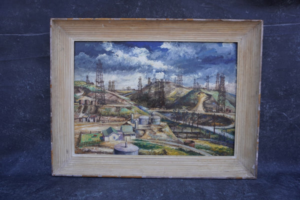 Janós Bernát (1910-1964) - Industrial California Landscape - Los Angeles Oil Wells 1950 Oil on Board P3290