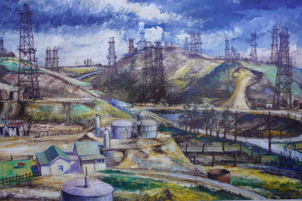 Janós Bernát (1910-1964) - Industrial California Landscape - Los Angeles Oil Wells 1950 Oil on Board P3290