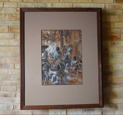 Charles L Wrenn - Village Market Scene - Mixed Media & Watercolor P3376