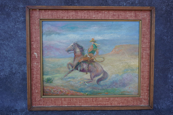 J. M. Flag - Riding the Range - Oil on Masonite 1930s P3415