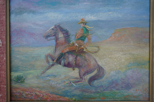 J. M. Flag - Riding the Range - Oil on Masonite 1930s P3415