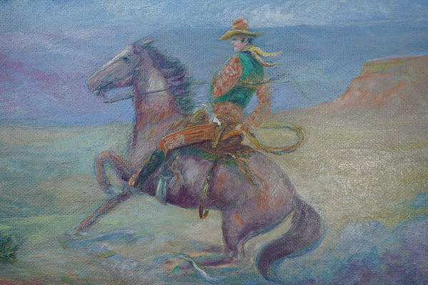 J. M. Flag - Riding the Range - Oil on Masonite 1930s P3415