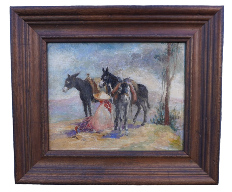 A Man with His Burros, Oil on Canvas, Unsigned P3423