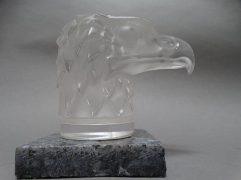 Lalique Crystal Eagle Head Paperweight/Car Mascot mounted on Marble Base 1970s