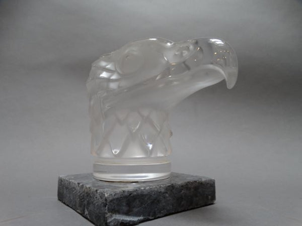 Lalique Crystal Eagle Head Paperweight/Car Mascot mounted on Marble Base 1970s