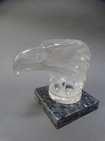 Lalique Crystal Eagle Head Paperweight/Car Mascot mounted on Marble Base 1970s