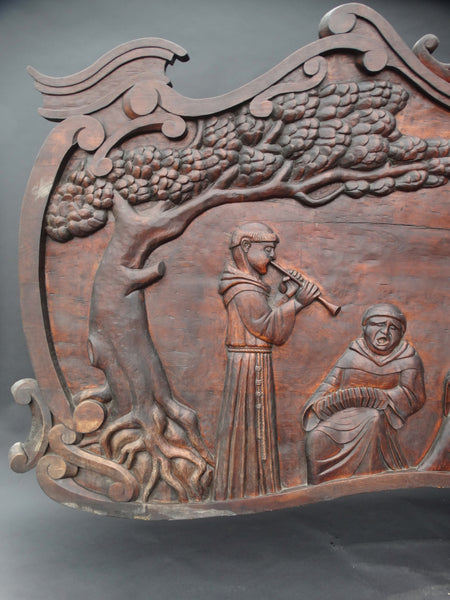 Massive Spanish Colonial Style Carved Redwood Figural Plaque of a Mission Scene