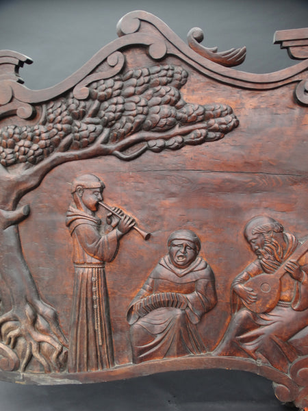 Massive Spanish Colonial Style Carved Redwood Figural Plaque of a Mission Scene