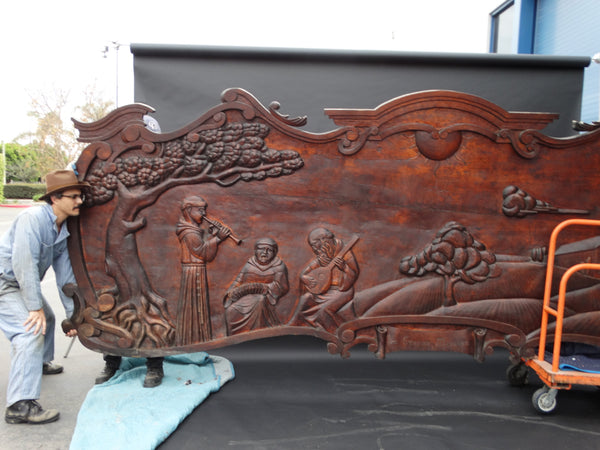 Massive Spanish Colonial Style Carved Redwood Figural Plaque of a Mission Scene