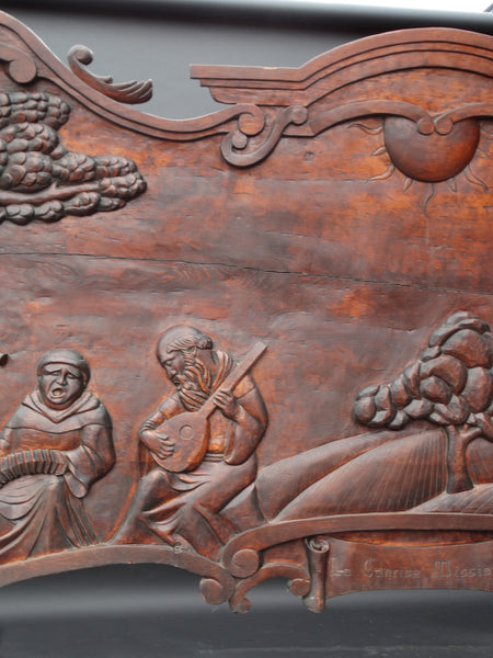 Massive Spanish Colonial Style Carved Redwood Figural Plaque of a Mission Scene