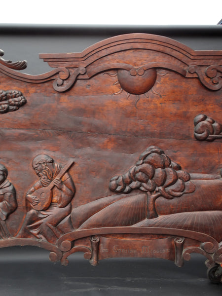 Massive Spanish Colonial Style Carved Redwood Figural Plaque of a Mission Scene