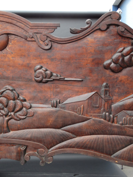 Massive Spanish Colonial Style Carved Redwood Figural Plaque of a Mission Scene
