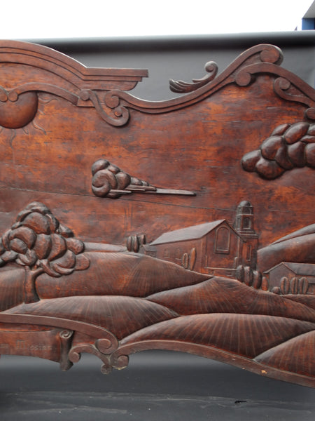 Massive Spanish Colonial Style Carved Redwood Figural Plaque of a Mission Scene