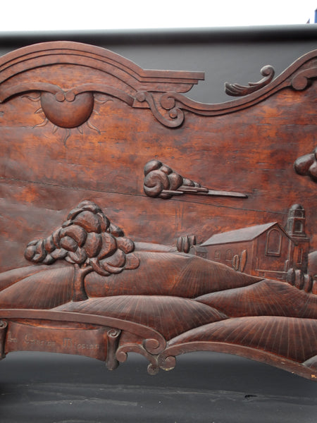 Massive Spanish Colonial Style Carved Redwood Figural Plaque of a Mission Scene
