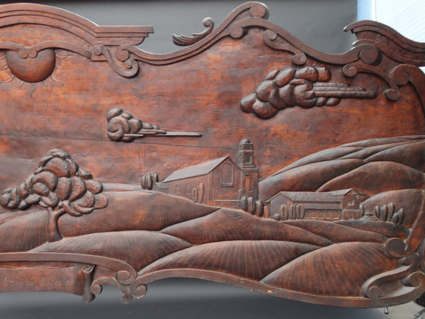 Massive Spanish Colonial Style Carved Redwood Figural Plaque of a Mission Scene