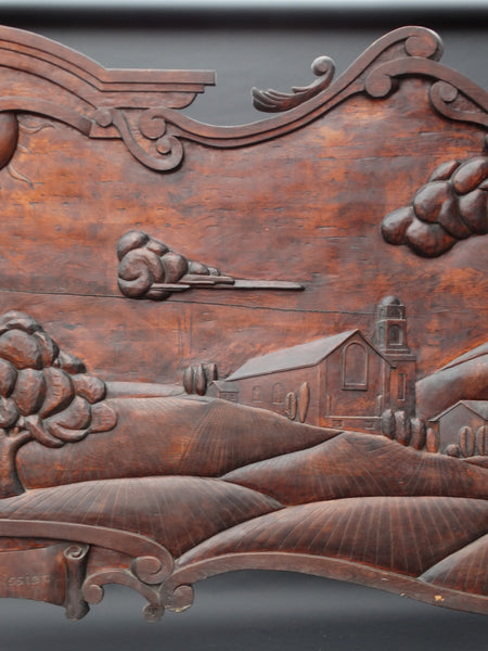 Massive Spanish Colonial Style Carved Redwood Figural Plaque of a Mission Scene