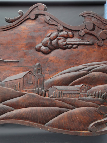 Massive Spanish Colonial Style Carved Redwood Figural Plaque of a Mission Scene