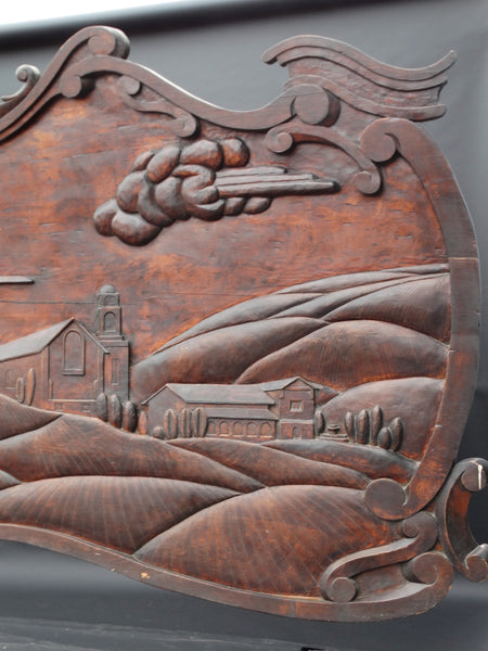 Massive Spanish Colonial Style Carved Redwood Figural Plaque of a Mission Scene