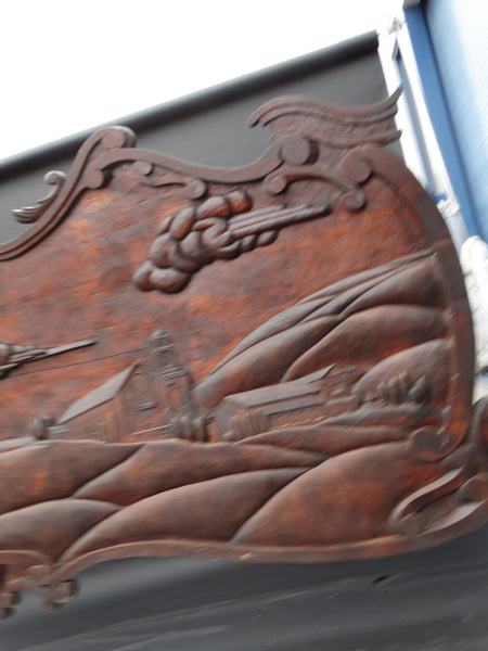 Massive Spanish Colonial Style Carved Redwood Figural Plaque of a Mission Scene