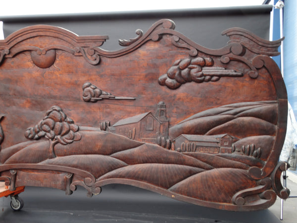 Massive Spanish Colonial Style Carved Redwood Figural Plaque of a Mission Scene
