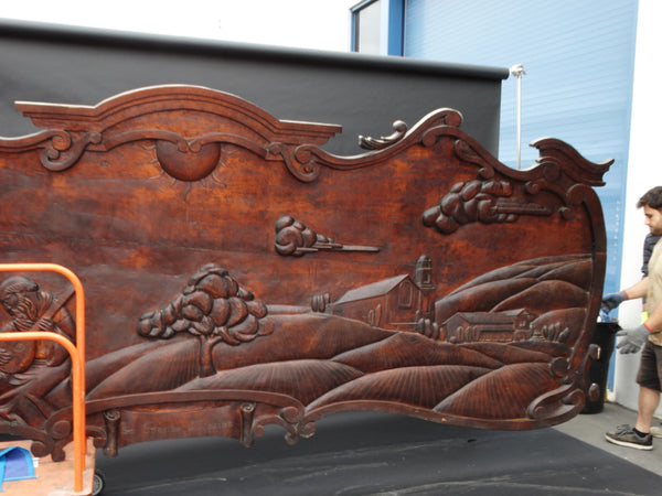 Massive Spanish Colonial Style Carved Redwood Figural Plaque of a Mission Scene