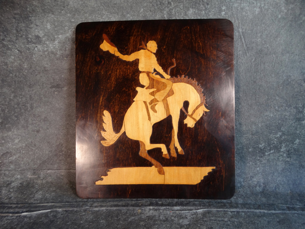 Folk Art Bucking Bronco Marquetry Plaque by Cowboy Actor Ethan Laidlaw 1941 A2715