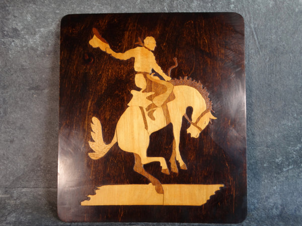 Folk Art Bucking Bronco Marquetry Plaque by Cowboy Actor Ethan Laidlaw 1941 A2715