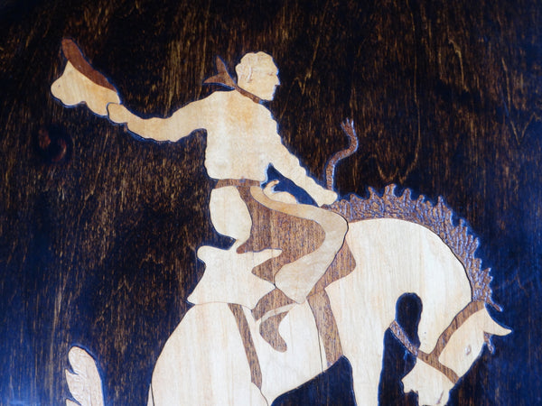 Folk Art Bucking Bronco Marquetry Plaque by Cowboy Actor Ethan Laidlaw 1941 A2715