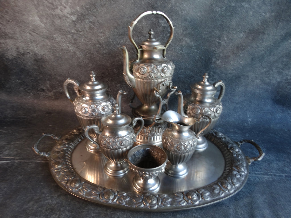 Sanborns Rose Pattern Silverplate Coffee & Tea Service Set 1920s A2965