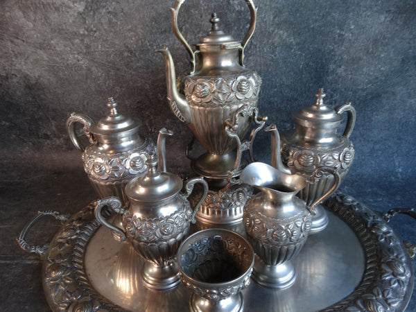 Sanborns Rose Pattern Silverplate Coffee & Tea Service Set 1920s A2965
