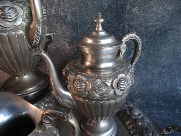 Sanborns Rose Pattern Silverplate Coffee & Tea Service Set 1920s A2965