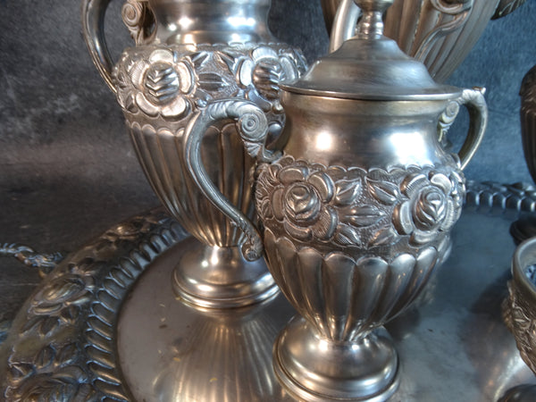 Sanborns Rose Pattern Silverplate Coffee & Tea Service Set 1920s A2965