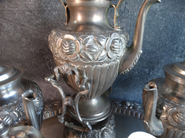 Sanborns Rose Pattern Silverplate Coffee & Tea Service Set 1920s A2965