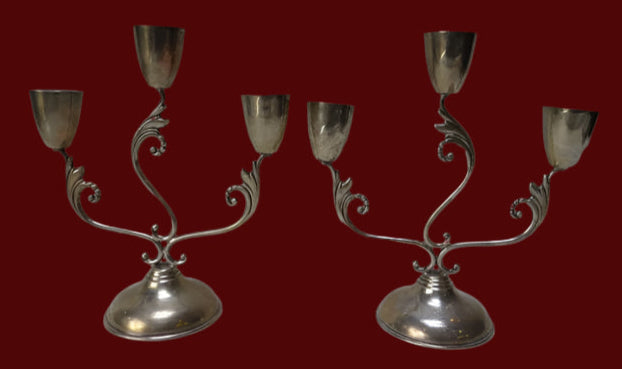 Juventino López Reyes Mexican Silver Three Light Candelabra Pair