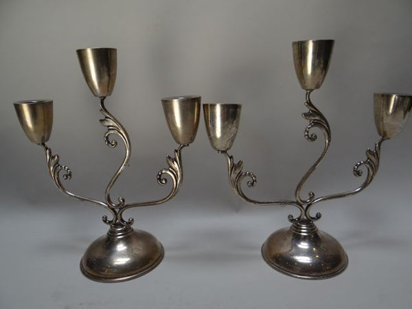 Juventino López Reyes Mexican Silver Three Light Candelabra Pair