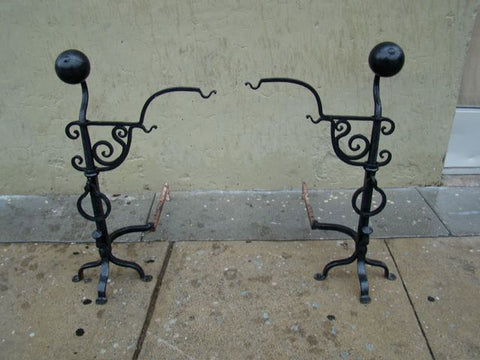 Wrought Iron Andirons with a Spider Web Motif