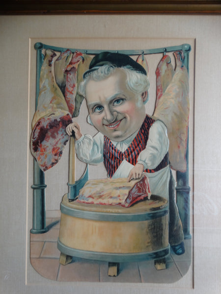 German Butcher - Comical Stone Litho Display Cutout Figure c 1900
