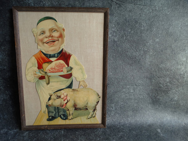 Pork Butcher Stone Litho Store Display Cut-out Figure c 1900