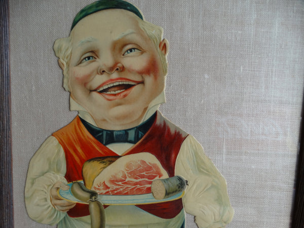 Pork Butcher Stone Litho Store Display Cut-out Figure c 1900